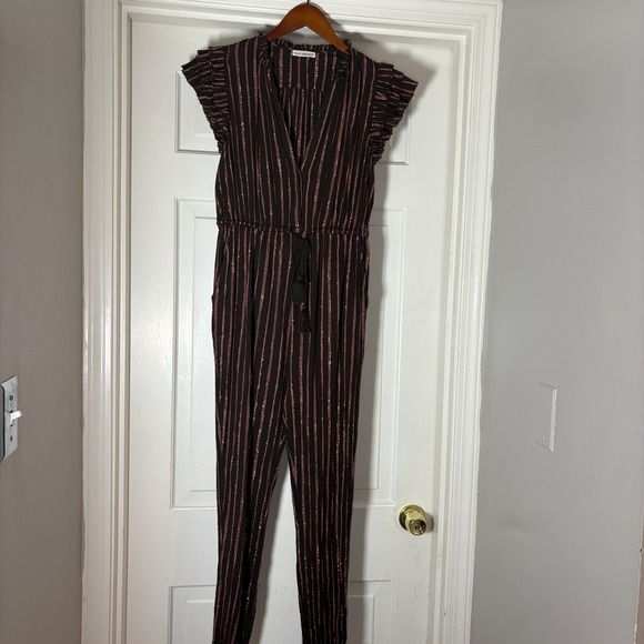 Ulla Johnson Brown Striped Metallic-Trim Ruffle Shoulder Jumpsuit - Picture 15 of 16